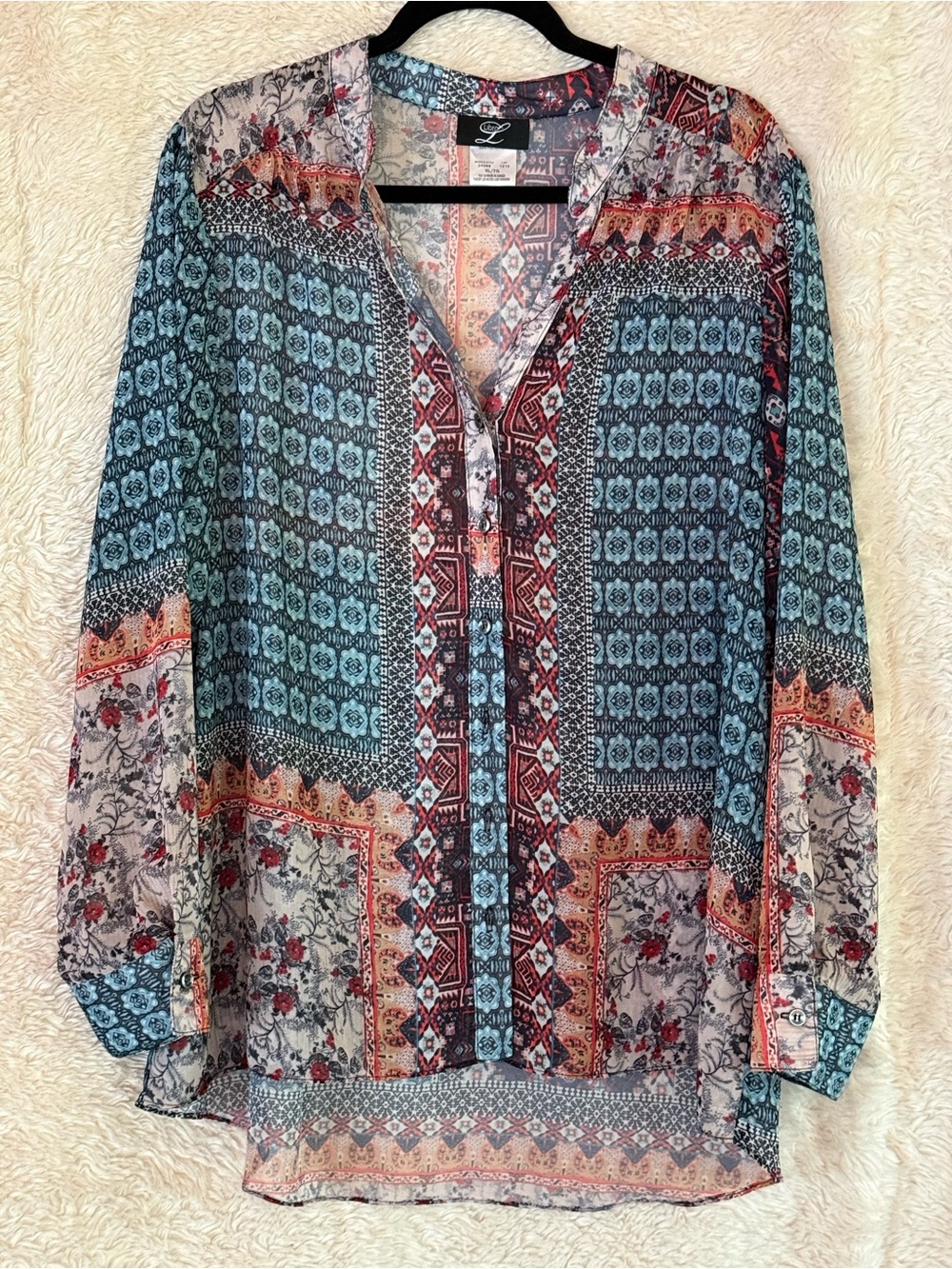 Lush Teal and Red Patchwork V-Neck Tunic